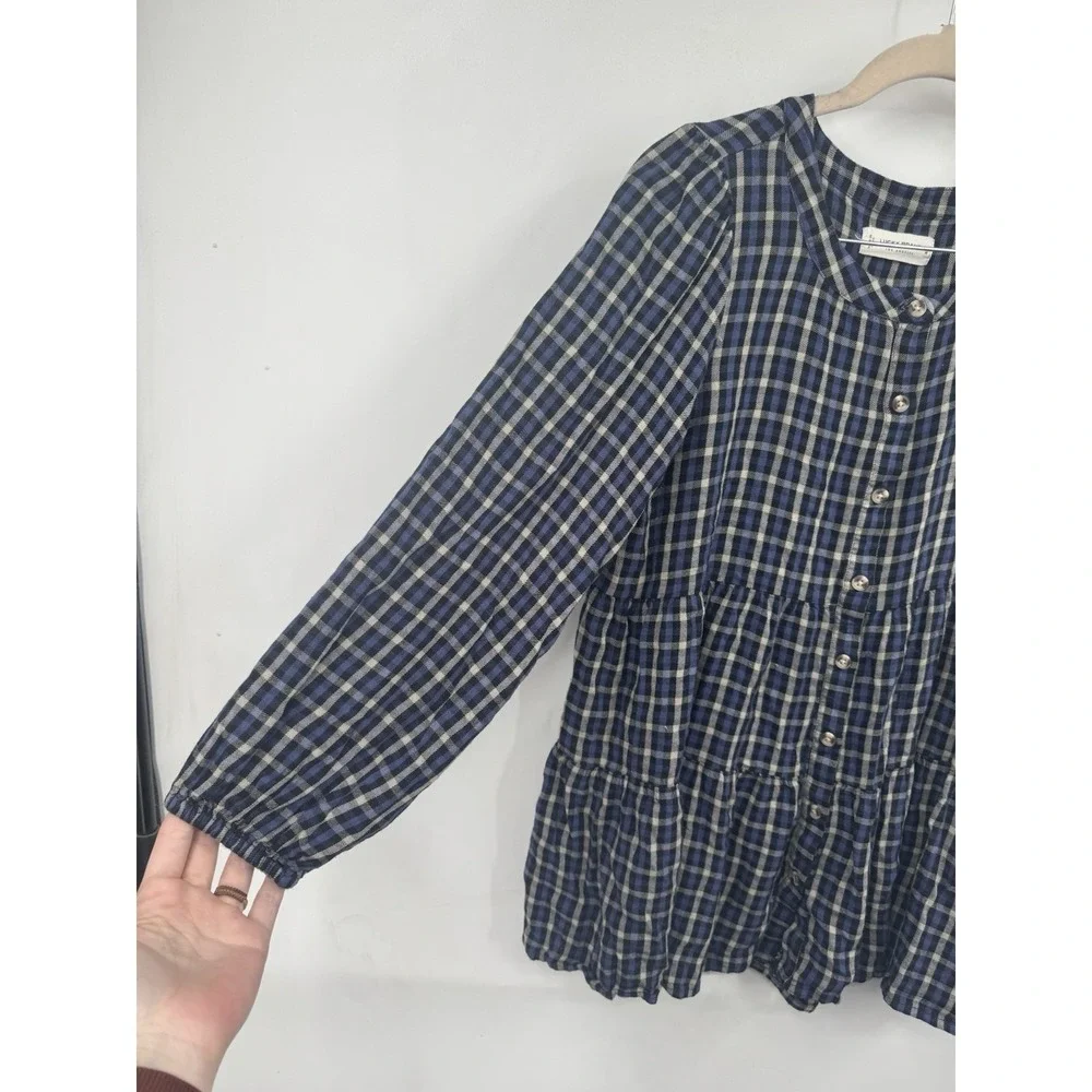 Lucky Brand Women's Size Medium Blue Plaid Button Up Tiered Peplum Tunic Western